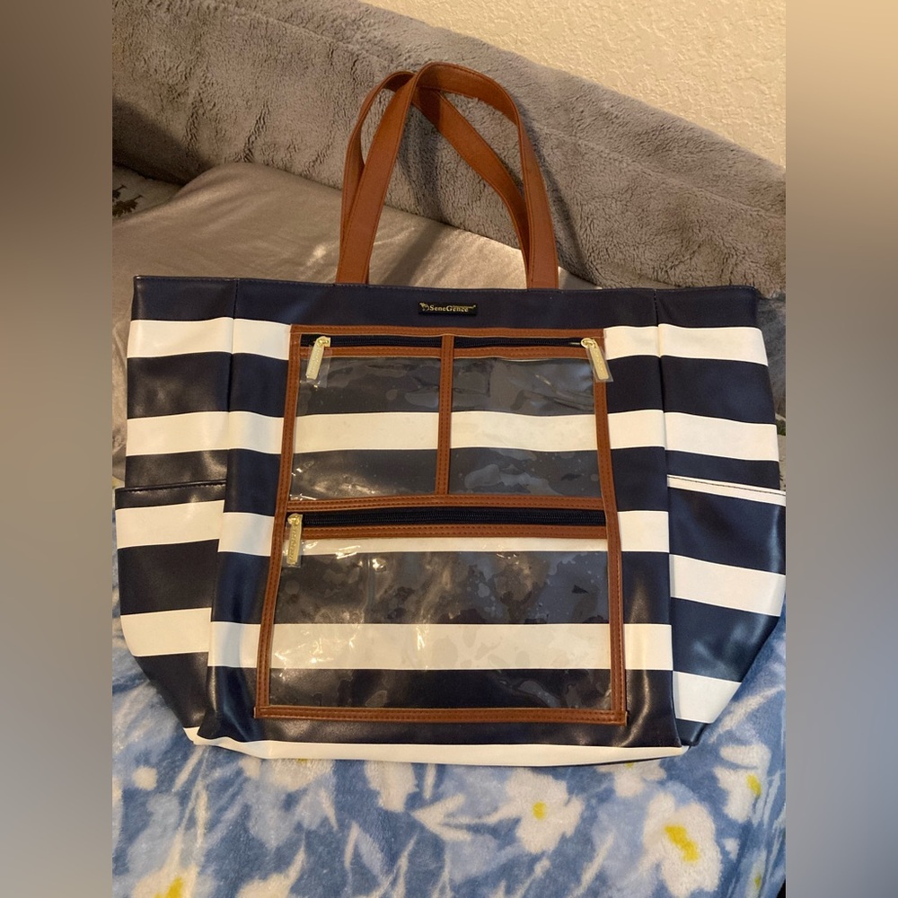 NWOT SeneGence International WOW Handbag - navy blue and white striped